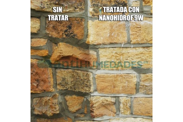 Pared de piedra antes y después de ser tratada con Hidrófugo Nanohidrof-9W