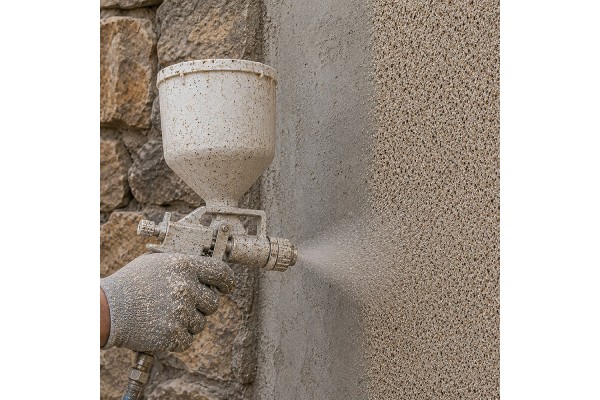 Pintura efecto piedra aplicada con pistola de gotelé en exterior