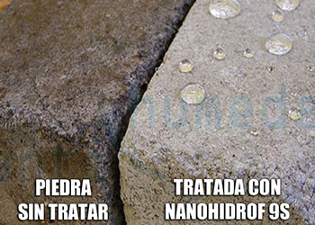 antes y despés de hidrofugar una superficie de piedra