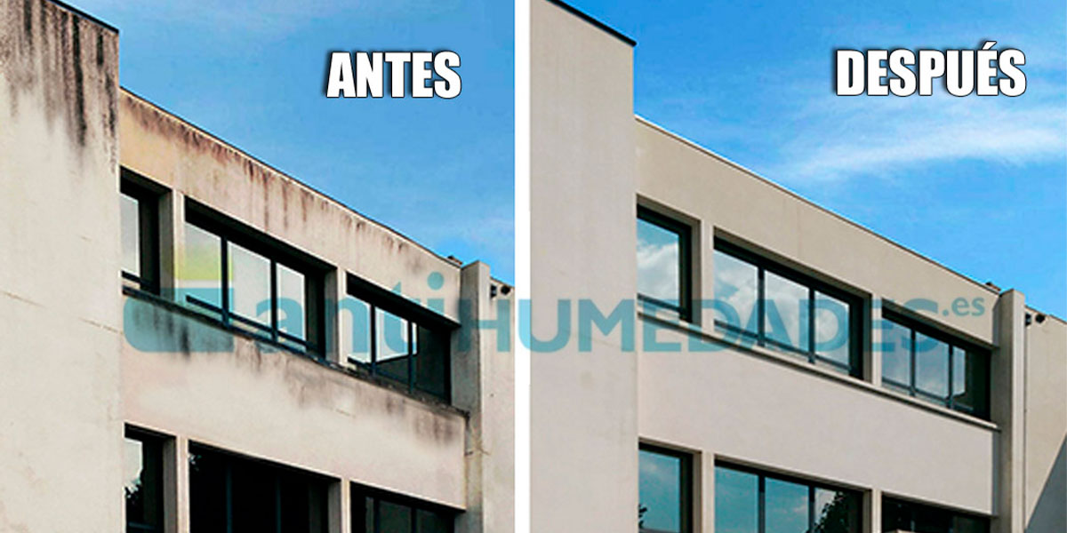 Fachada de edificio antes y después de usar el impermeabilizante con nanopartículas de Idroless