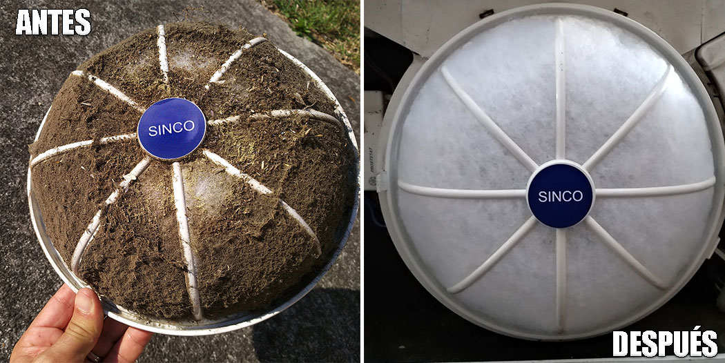Antes y después de limpiar el filtro del SINCO